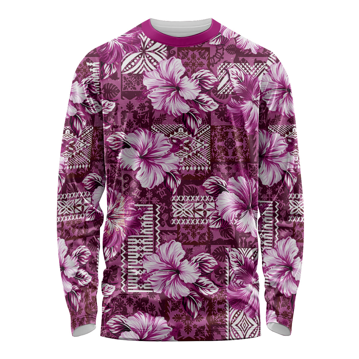 Hawaiian Quilt Pattern Long Sleeve Shirt Hibiscus and Tribal Element Vintage Pink Vibe LT03 Unisex Pink - Polynesian Pride