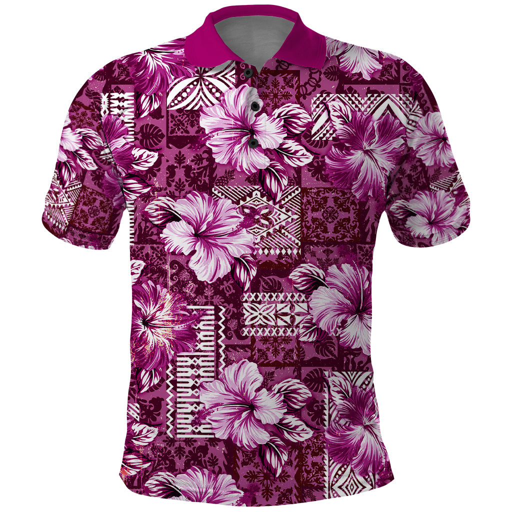 Hawaiian Quilt Pattern Polo Shirt Hibiscus and Tribal Element Vintage Pink Vibe LT03 Pink - Polynesian Pride