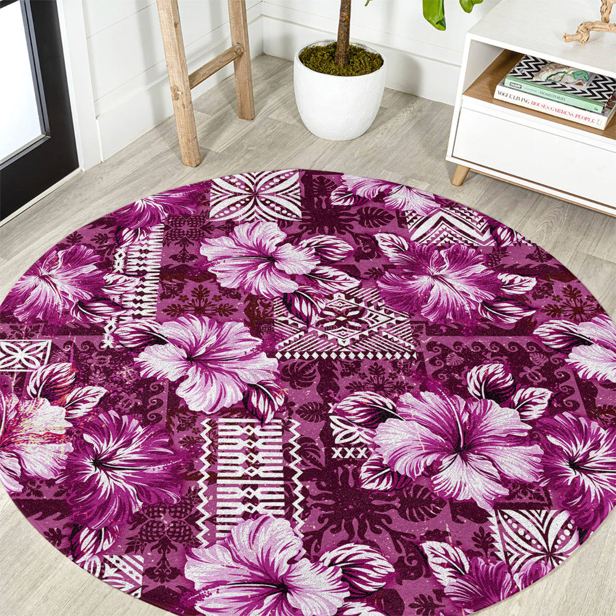 Hawaiian Quilt Pattern Round Carpet Hibiscus and Tribal Element Vintage Pink Vibe LT03 Pink - Polynesian Pride