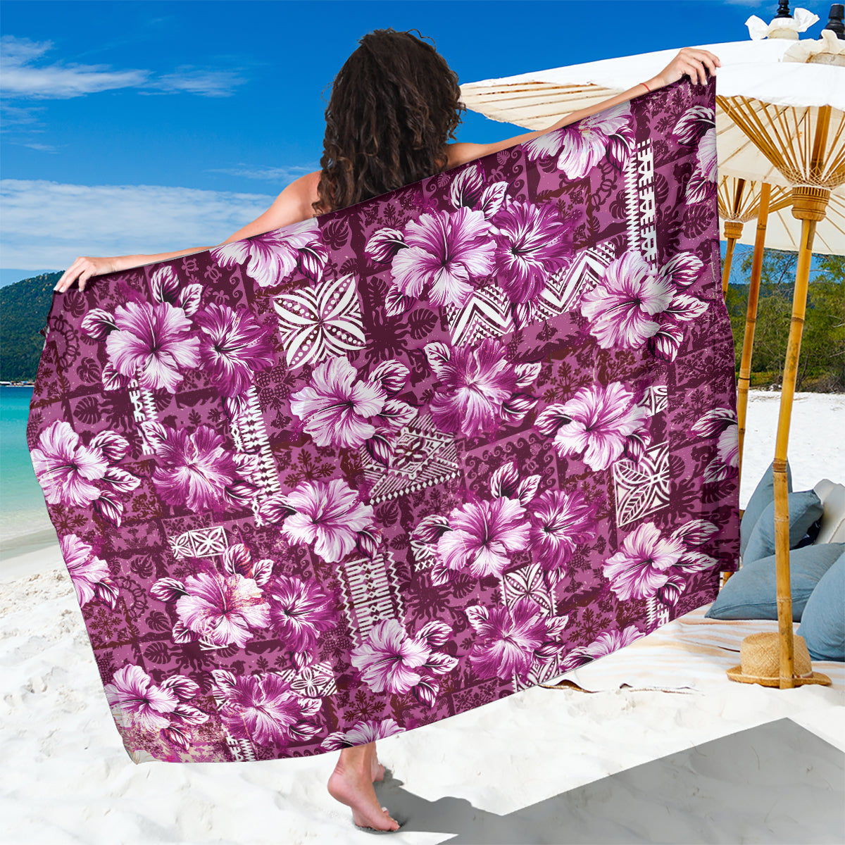 Hawaiian Quilt Pattern Sarong Hibiscus and Tribal Element Vintage Pink Vibe LT03 One Size 44 x 66 inches Pink - Polynesian Pride