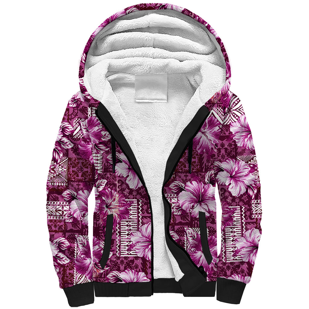 Hawaiian Quilt Pattern Sherpa Hoodie Hibiscus and Tribal Element Vintage Pink Vibe LT03 Unisex Pink - Polynesian Pride