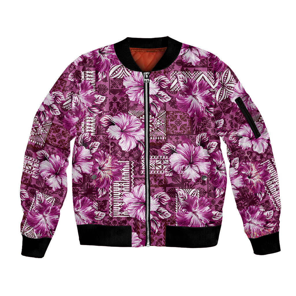 Hawaiian Quilt Pattern Sleeve Zip Bomber Jacket Hibiscus and Tribal Element Vintage Pink Vibe LT03 Unisex Pink - Polynesian Pride