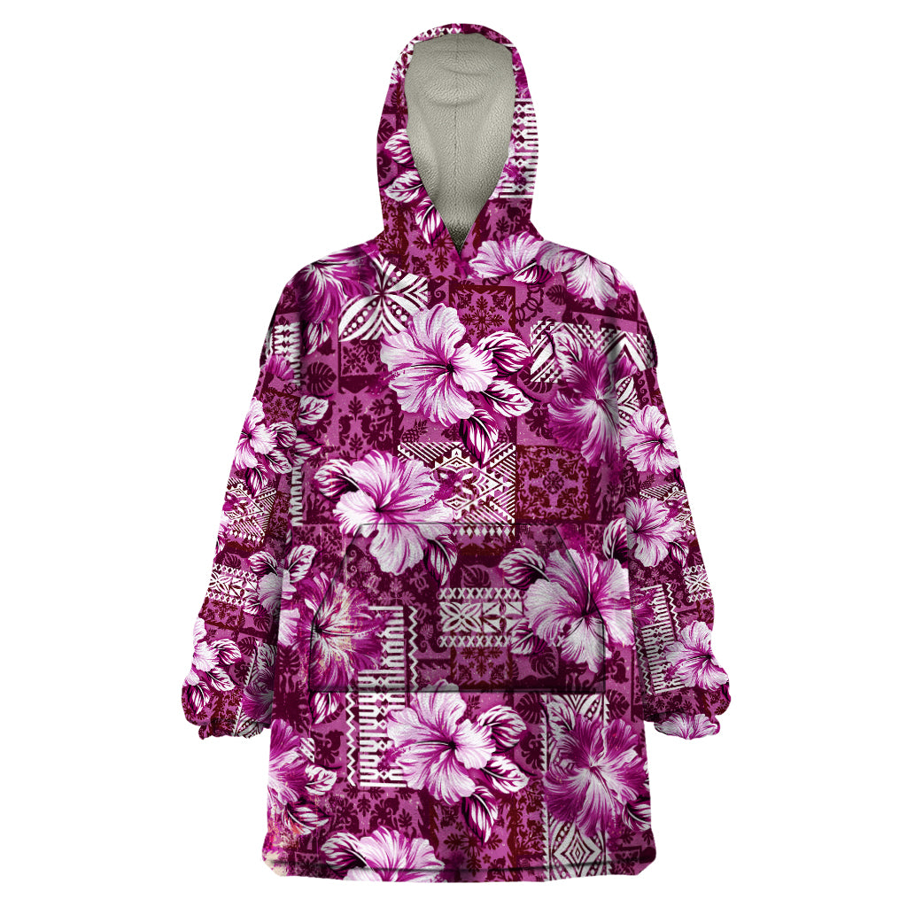 Hawaiian Quilt Pattern Wearable Blanket Hoodie Hibiscus and Tribal Element Vintage Pink Vibe LT03 One Size Pink - Polynesian Pride