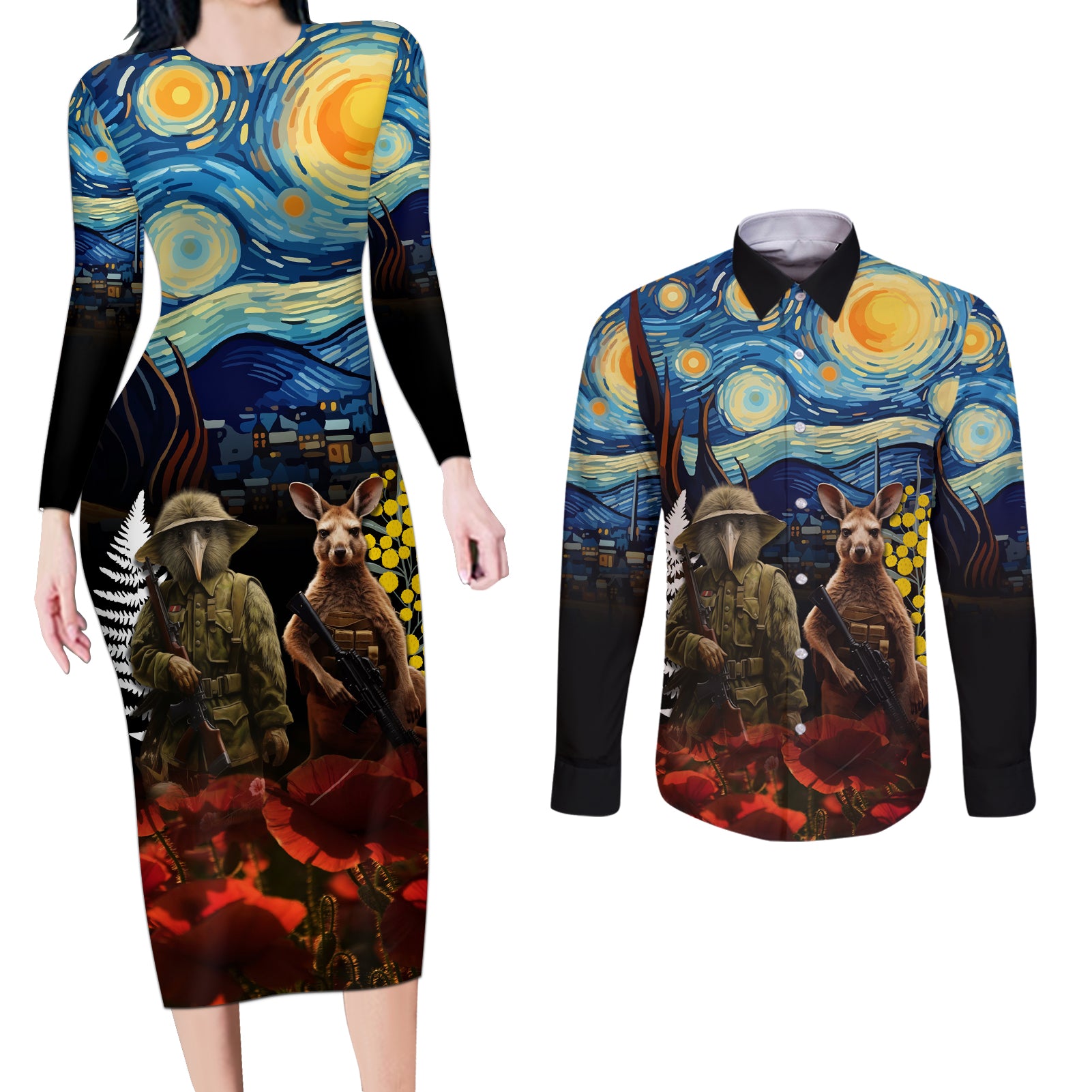 New Zealand and Australia ANZAC Day Couples Matching Long Sleeve Bodycon Dress and Long Sleeve Button Shirt Kiwi Bird and Kangaroo Soldier Starry Night Style LT03 Black - Polynesian Pride