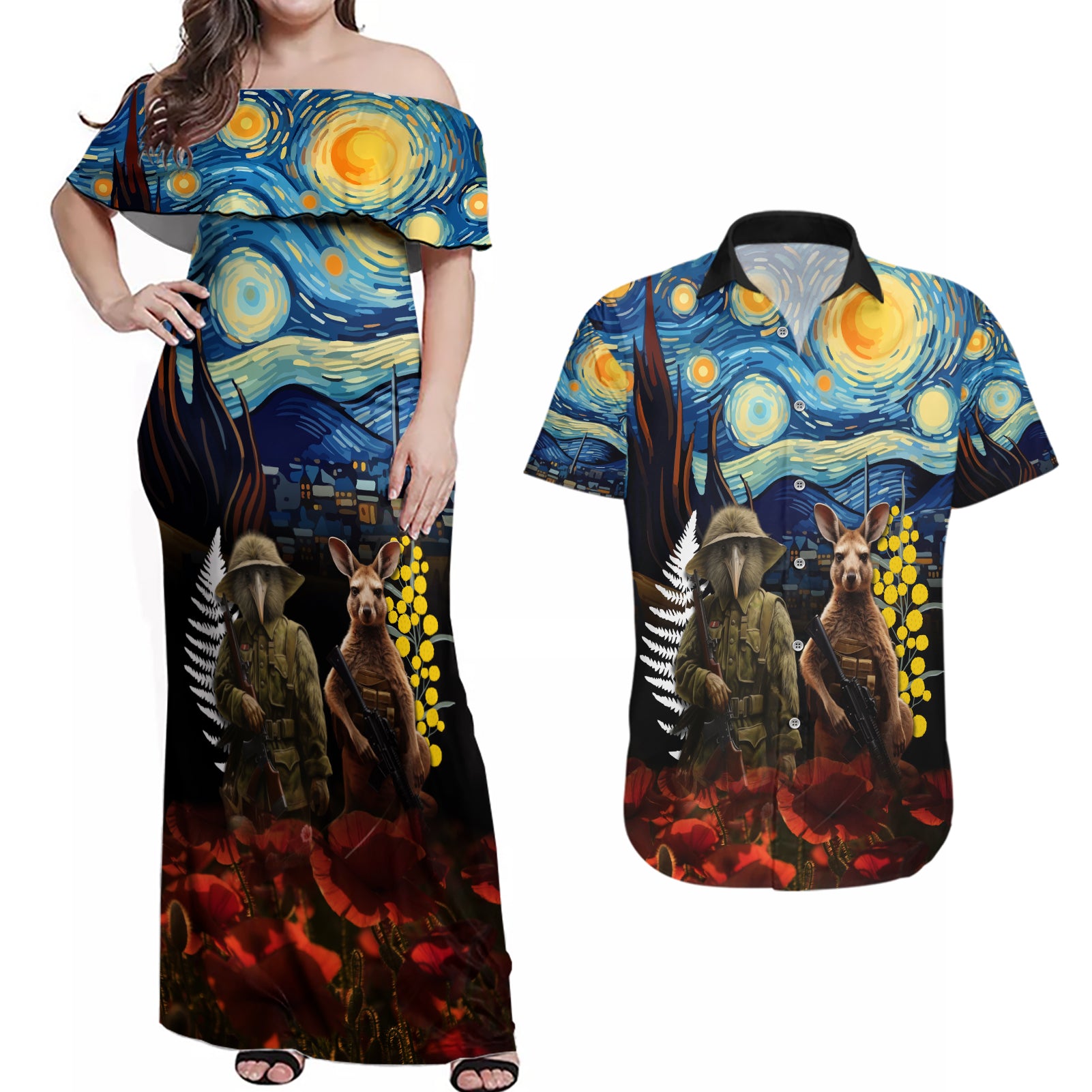 New Zealand and Australia ANZAC Day Couples Matching Off Shoulder Maxi Dress and Hawaiian Shirt Kiwi Bird and Kangaroo Soldier Starry Night Style LT03 Black - Polynesian Pride