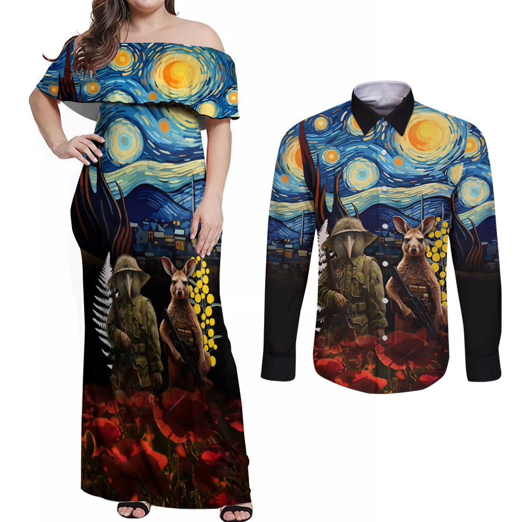 New Zealand and Australia ANZAC Day Couples Matching Off Shoulder Maxi Dress and Long Sleeve Button Shirt Kiwi Bird and Kangaroo Soldier Starry Night Style LT03 Black - Polynesian Pride