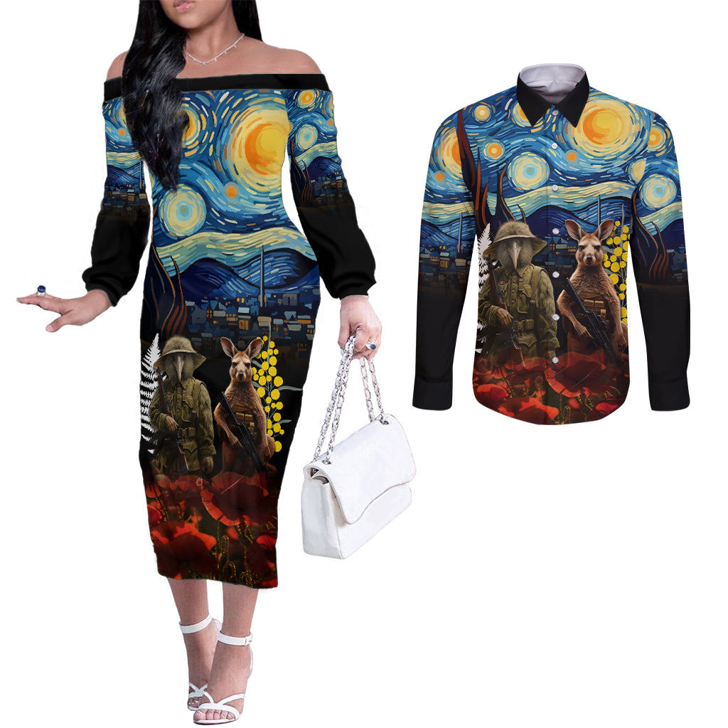 New Zealand and Australia ANZAC Day Couples Matching Off The Shoulder Long Sleeve Dress and Long Sleeve Button Shirt Kiwi Bird and Kangaroo Soldier Starry Night Style LT03 Black - Polynesian Pride