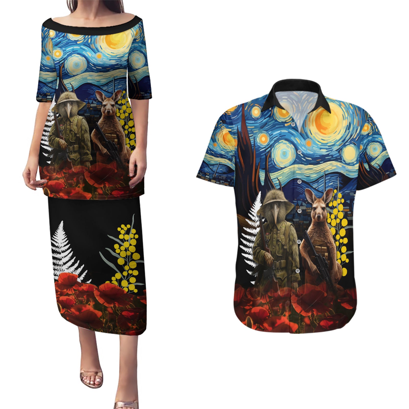 New Zealand and Australia ANZAC Day Couples Matching Puletasi and Hawaiian Shirt Kiwi Bird and Kangaroo Soldier Starry Night Style LT03 Black - Polynesian Pride