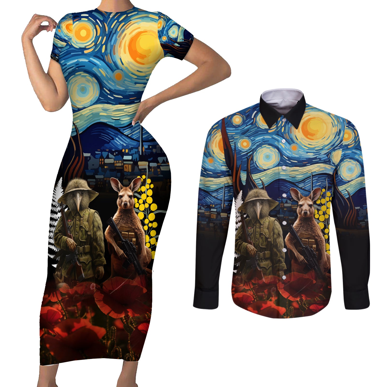 New Zealand and Australia ANZAC Day Couples Matching Short Sleeve Bodycon Dress and Long Sleeve Button Shirt Kiwi Bird and Kangaroo Soldier Starry Night Style LT03 Black - Polynesian Pride