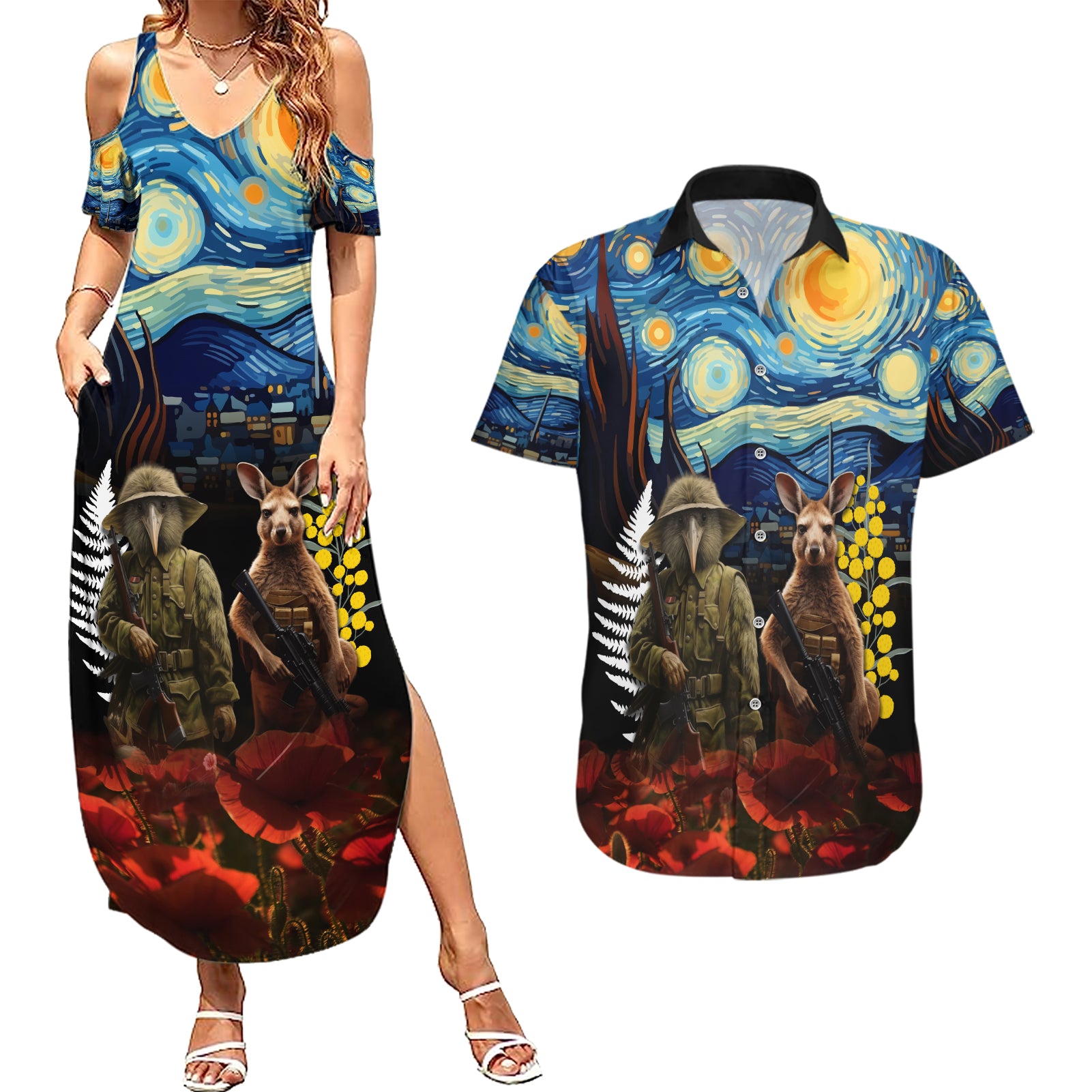 New Zealand and Australia ANZAC Day Couples Matching Summer Maxi Dress and Hawaiian Shirt Kiwi Bird and Kangaroo Soldier Starry Night Style LT03 Black - Polynesian Pride