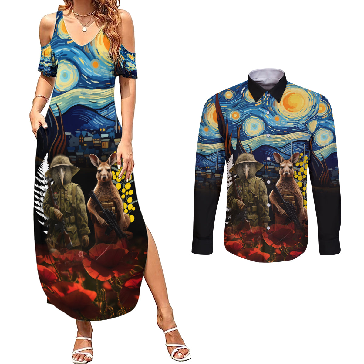 New Zealand and Australia ANZAC Day Couples Matching Summer Maxi Dress and Long Sleeve Button Shirt Kiwi Bird and Kangaroo Soldier Starry Night Style LT03 Black - Polynesian Pride