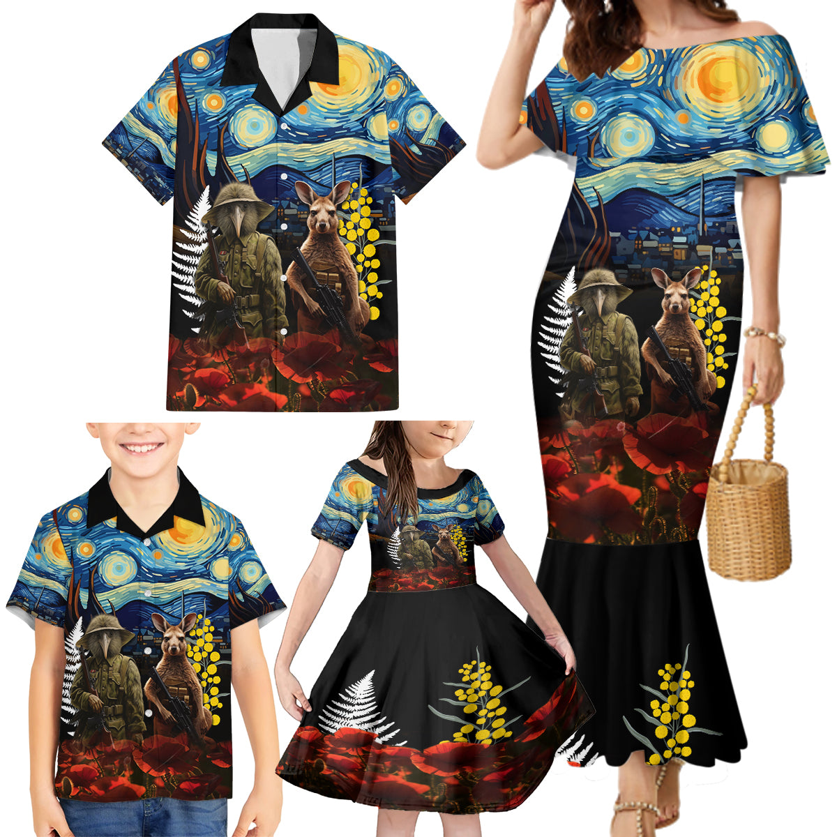 New Zealand and Australia ANZAC Day Family Matching Mermaid Dress and Hawaiian Shirt Kiwi Bird and Kangaroo Soldier Starry Night Style LT03 - Polynesian Pride