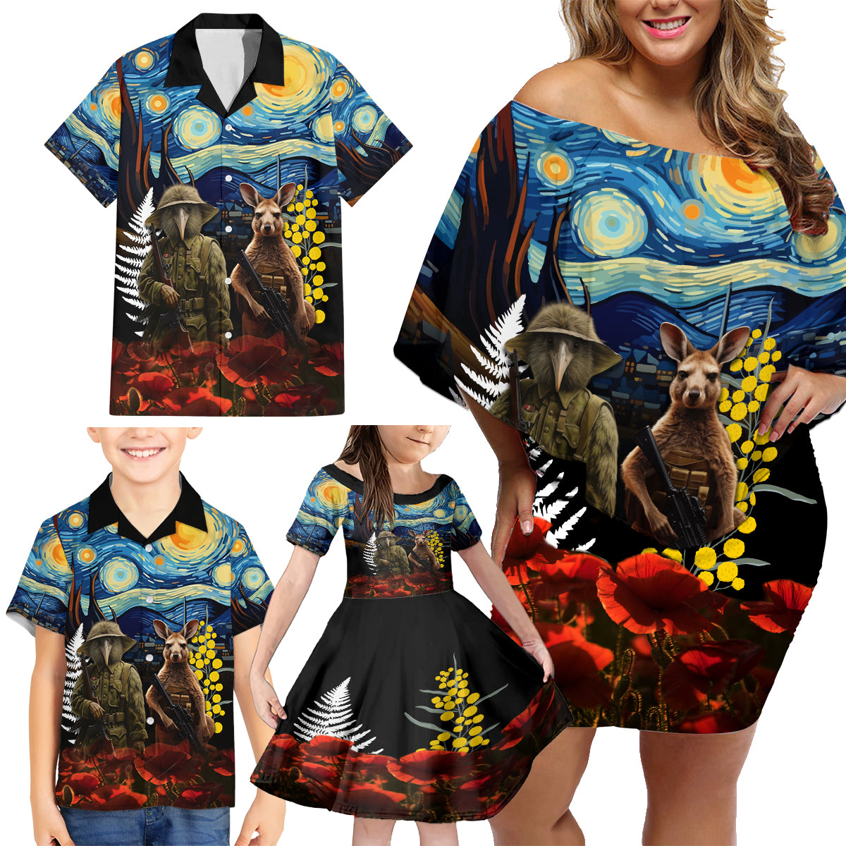 New Zealand and Australia ANZAC Day Family Matching Off Shoulder Short Dress and Hawaiian Shirt Kiwi Bird and Kangaroo Soldier Starry Night Style LT03 - Polynesian Pride