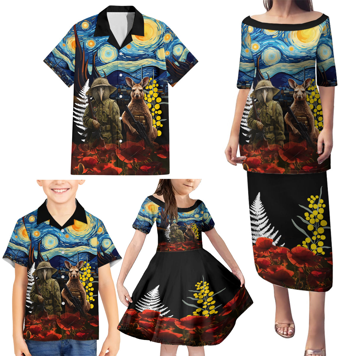 New Zealand and Australia ANZAC Day Family Matching Puletasi and Hawaiian Shirt Kiwi Bird and Kangaroo Soldier Starry Night Style LT03 - Polynesian Pride