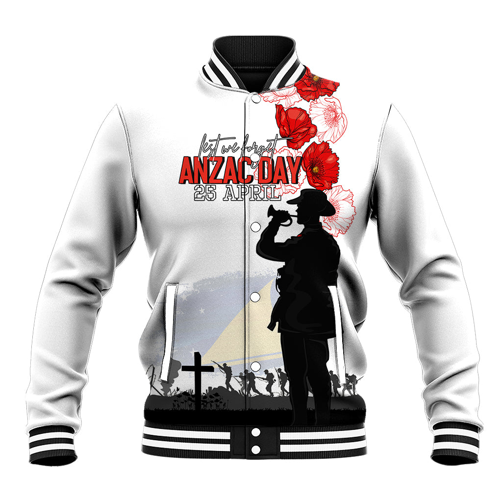 Tokelau ANZAC Day Baseball Jacket Lest We Forget Red Poppy Flowers and Soldier LT03 Unisex White - Polynesian Pride