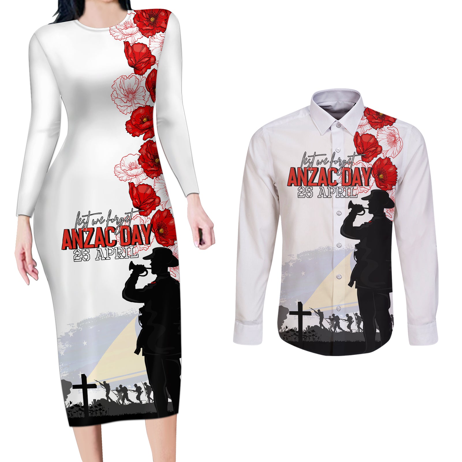 Tokelau ANZAC Day Couples Matching Long Sleeve Bodycon Dress and Long Sleeve Button Shirt Lest We Forget Red Poppy Flowers and Soldier LT03 White - Polynesian Pride