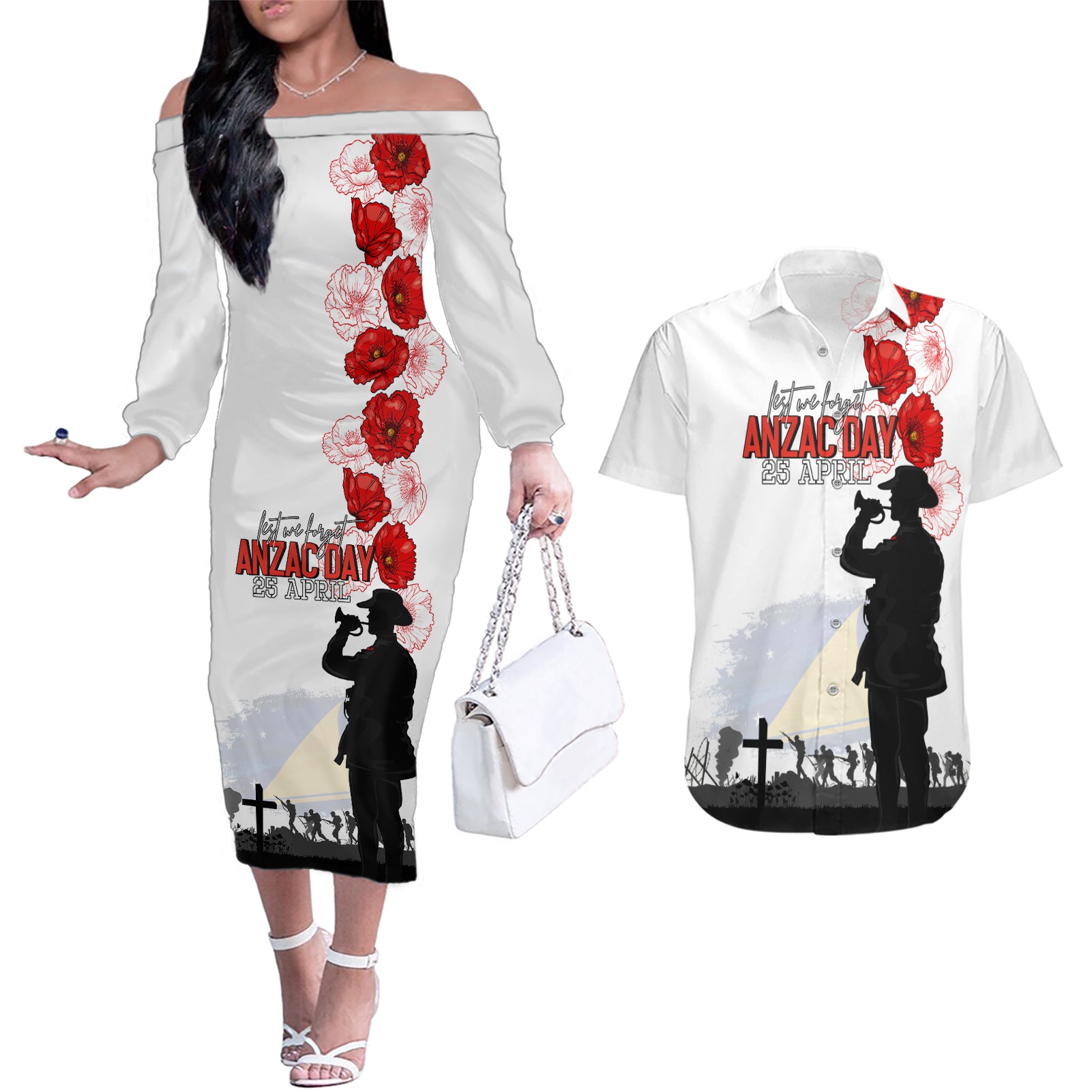 Tokelau ANZAC Day Couples Matching Off The Shoulder Long Sleeve Dress and Hawaiian Shirt Lest We Forget Red Poppy Flowers and Soldier LT03 White - Polynesian Pride