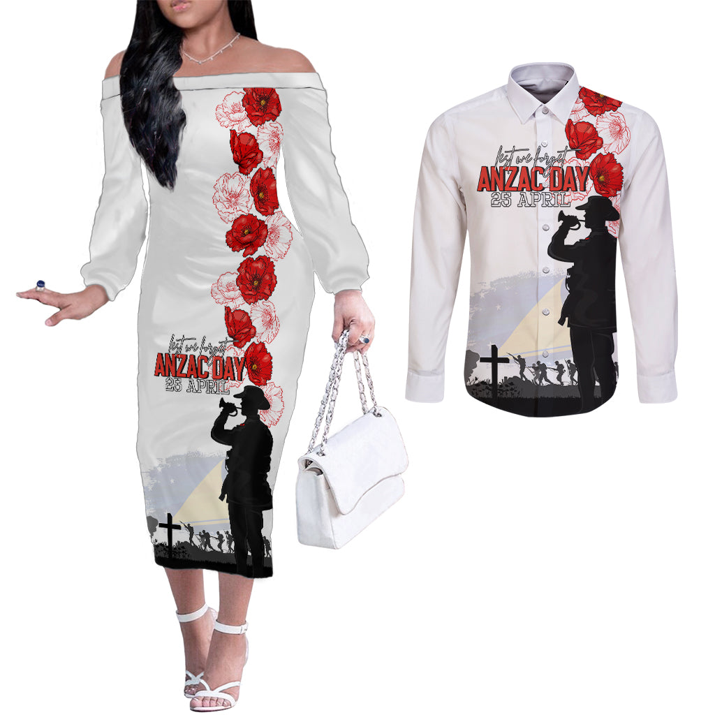 Tokelau ANZAC Day Couples Matching Off The Shoulder Long Sleeve Dress and Long Sleeve Button Shirt Lest We Forget Red Poppy Flowers and Soldier LT03 White - Polynesian Pride