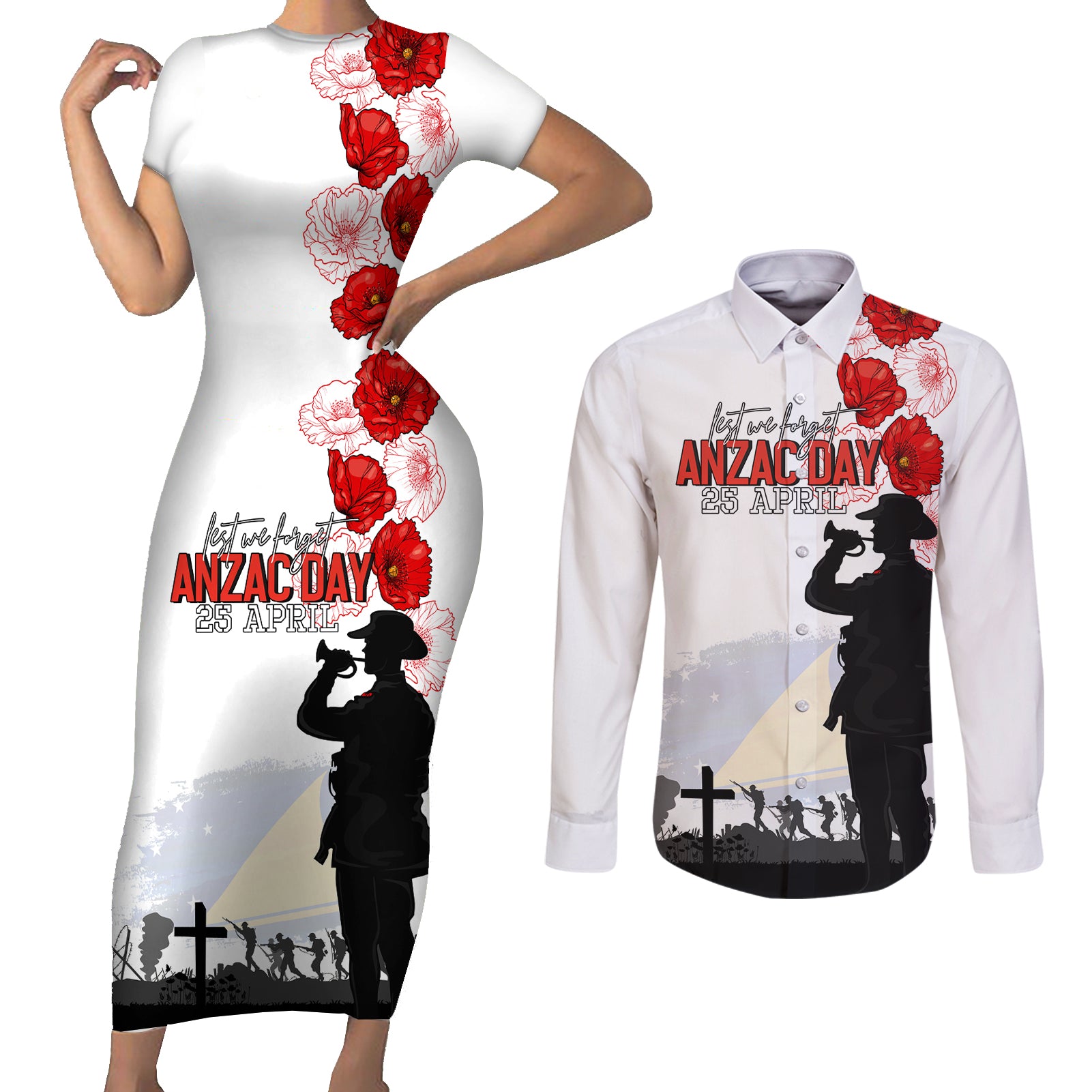 Tokelau ANZAC Day Couples Matching Short Sleeve Bodycon Dress and Long Sleeve Button Shirt Lest We Forget Red Poppy Flowers and Soldier LT03 White - Polynesian Pride