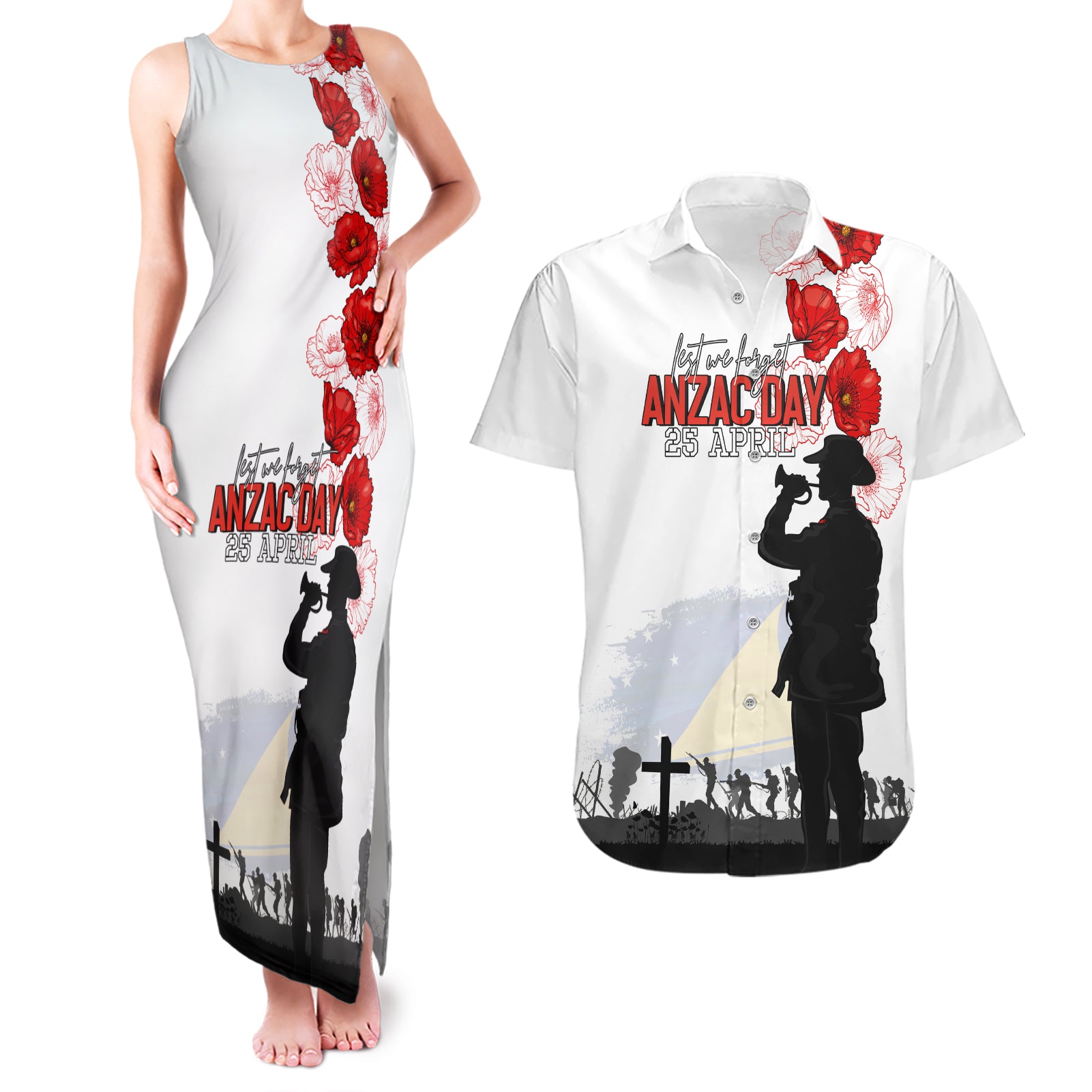 Tokelau ANZAC Day Couples Matching Tank Maxi Dress and Hawaiian Shirt Lest We Forget Red Poppy Flowers and Soldier LT03 White - Polynesian Pride