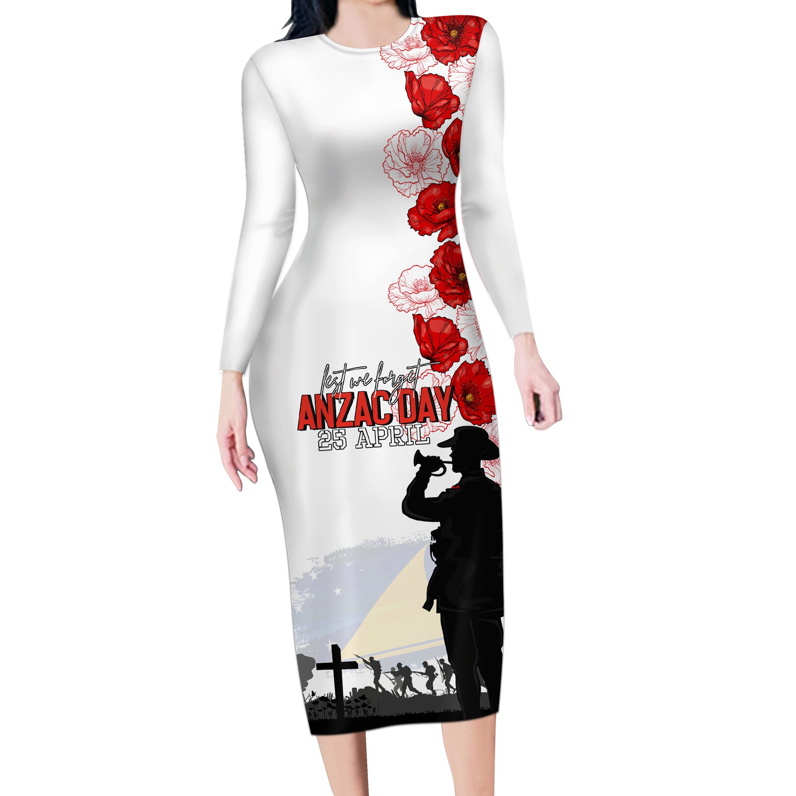 Tokelau ANZAC Day Long Sleeve Bodycon Dress Lest We Forget Red Poppy Flowers and Soldier LT03 Long Dress White - Polynesian Pride