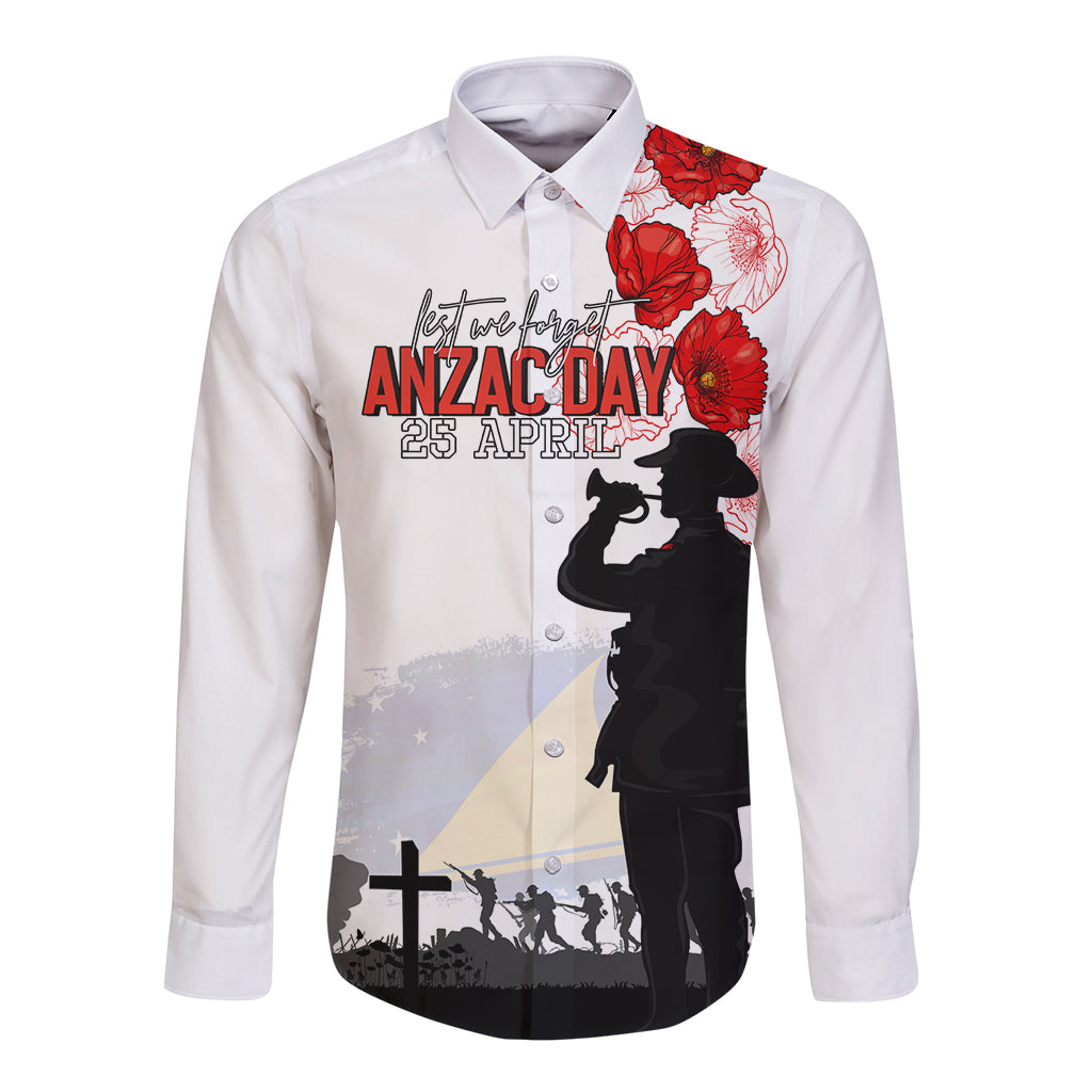 Tokelau ANZAC Day Long Sleeve Button Shirt Lest We Forget Red Poppy Flowers and Soldier LT03 Unisex White - Polynesian Pride