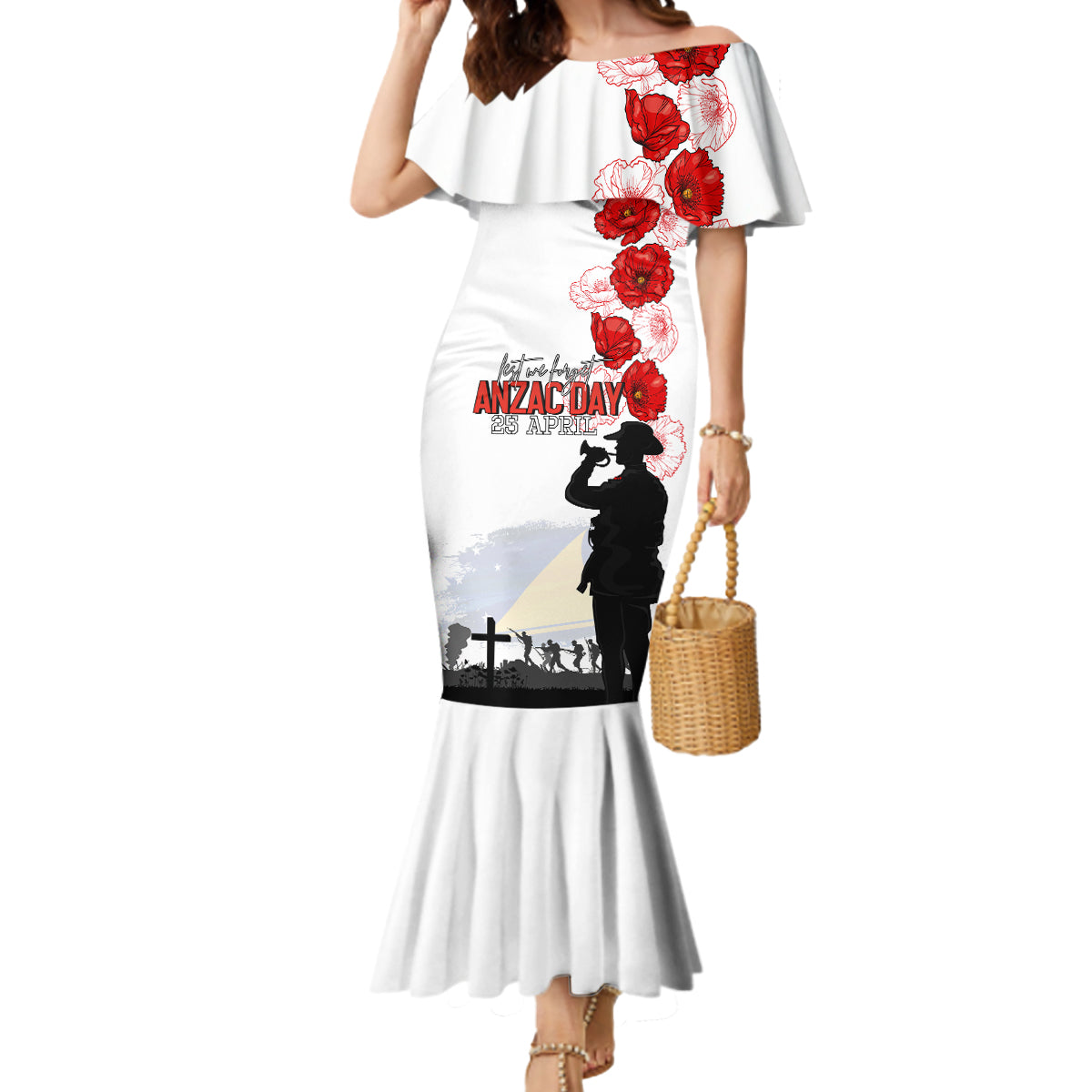 Tokelau ANZAC Day Mermaid Dress Lest We Forget Red Poppy Flowers and Soldier LT03 Women White - Polynesian Pride