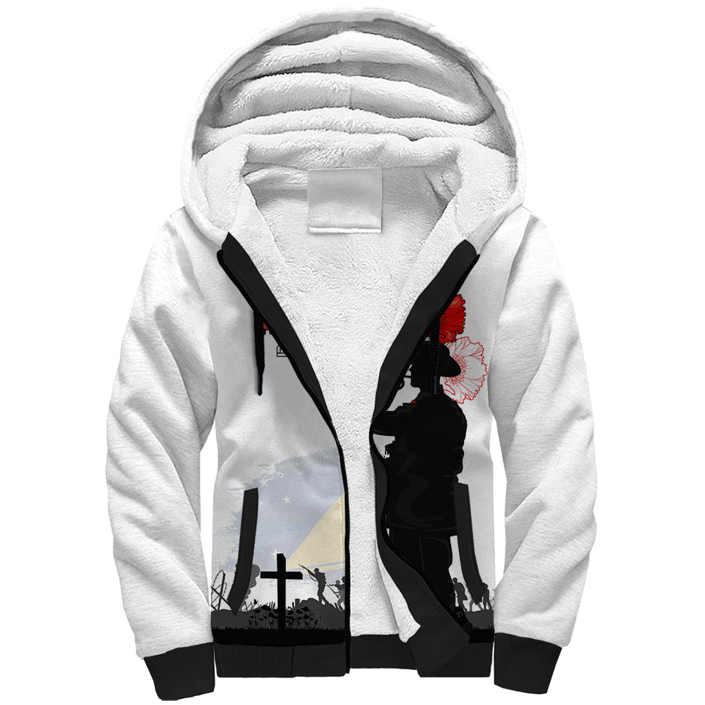 Tokelau ANZAC Day Sherpa Hoodie Lest We Forget Red Poppy Flowers and Soldier LT03 Unisex White - Polynesian Pride