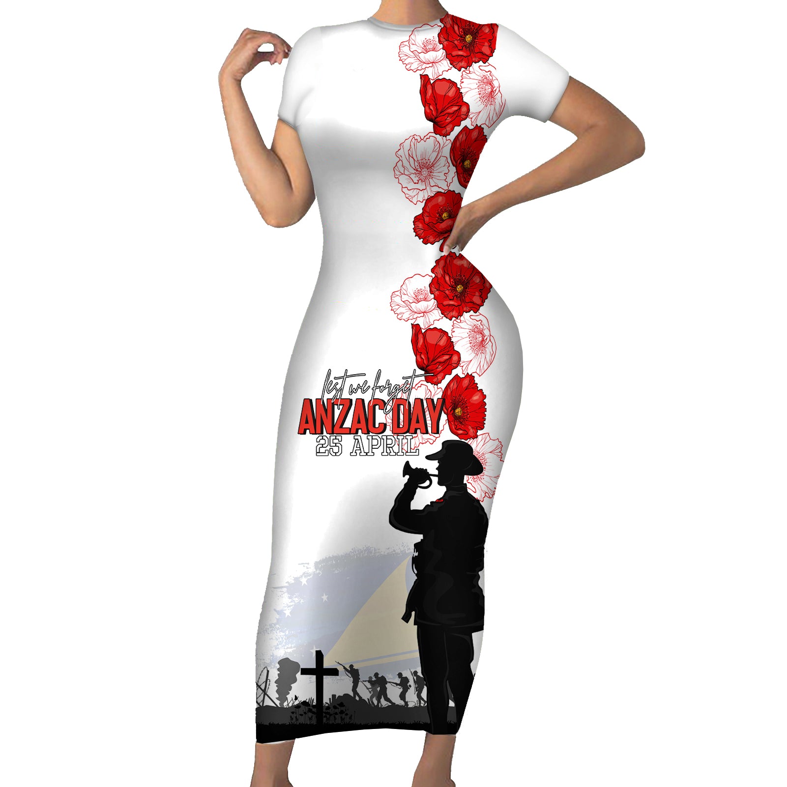 Tokelau ANZAC Day Short Sleeve Bodycon Dress Lest We Forget Red Poppy Flowers and Soldier LT03 Long Dress White - Polynesian Pride