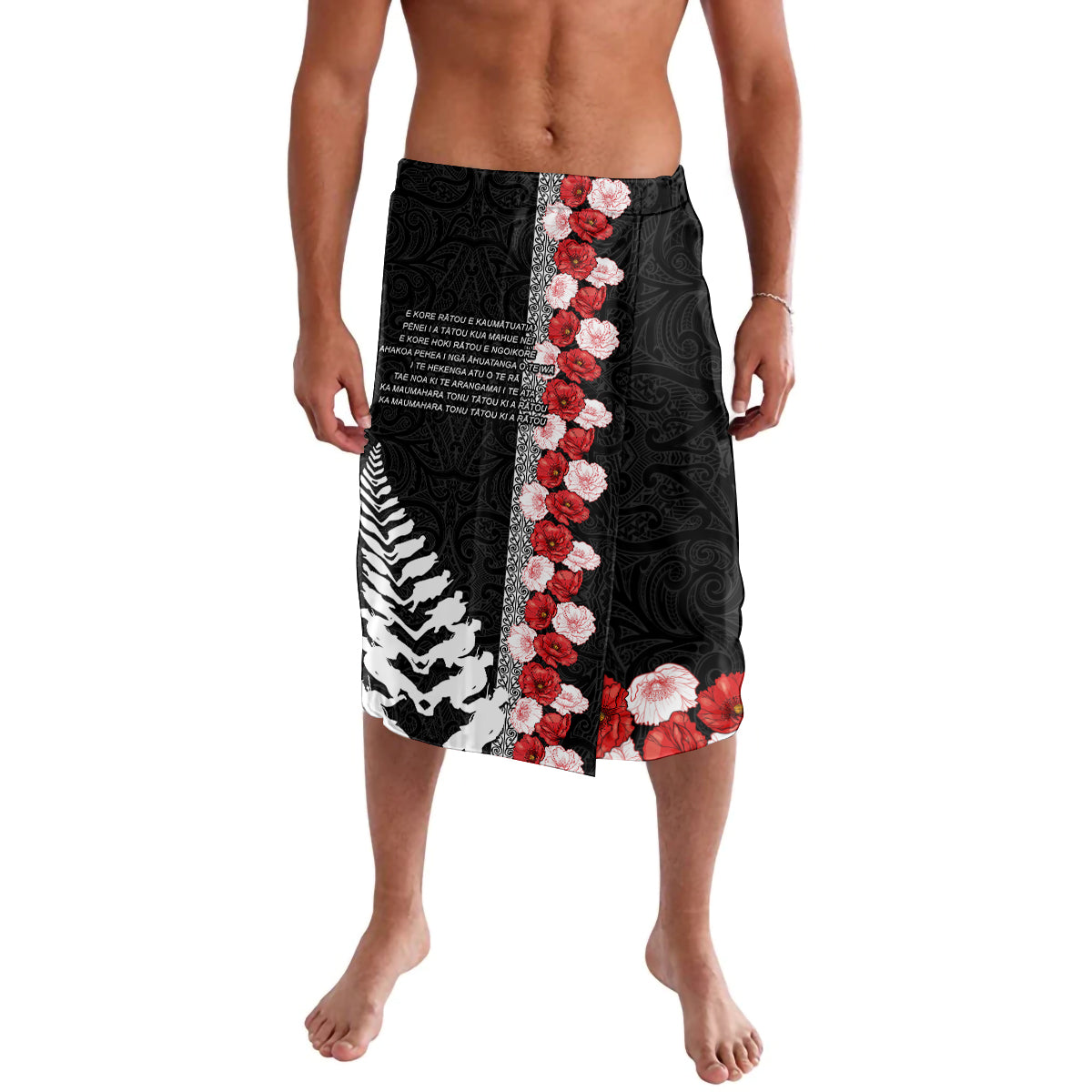 New Zealand ANZAC Day Lavalava Soldier Silver Fern with Red Poppies Flower Maori Style LT03 Black - Polynesian Pride