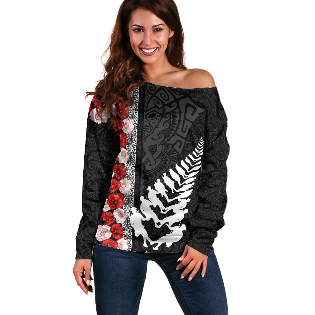 New Zealand ANZAC Day Off Shoulder Sweater Soldier Silver Fern with Red Poppies Flower Maori Style LT03 Women Black - Polynesian Pride