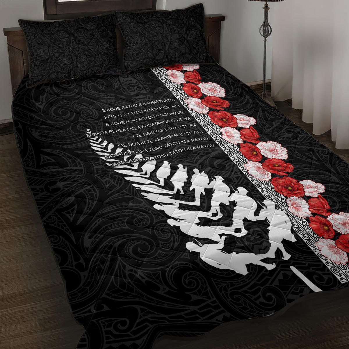 New Zealand ANZAC Day Quilt Bed Set Soldier Silver Fern with Red Poppies Flower Maori Style LT03 Black - Polynesian Pride