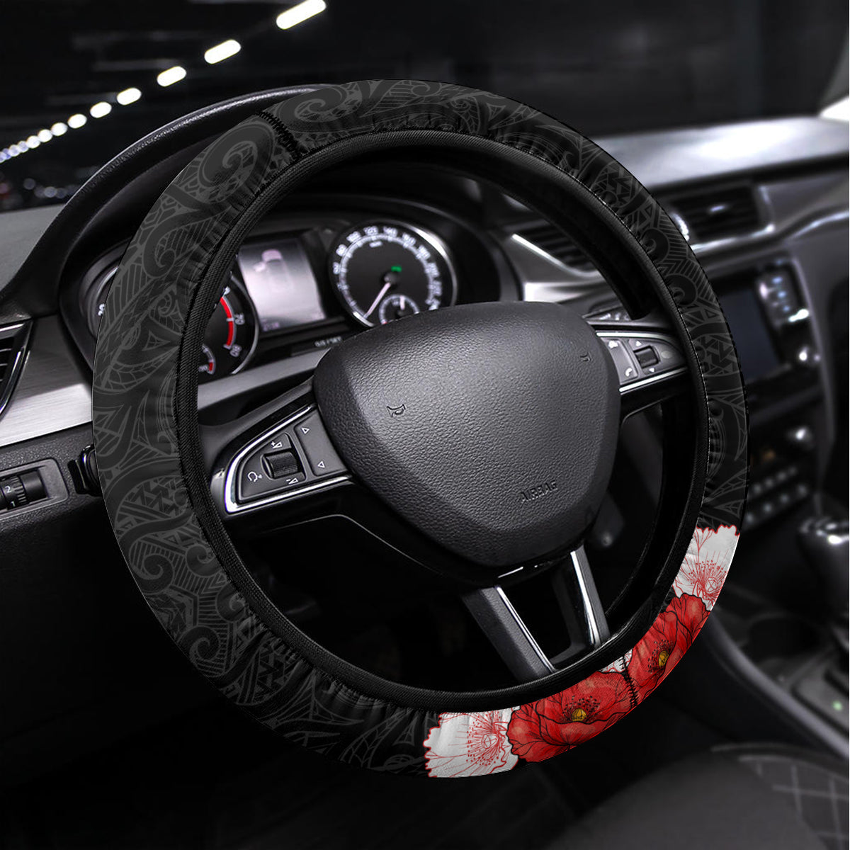 New Zealand ANZAC Day Steering Wheel Cover Soldier Silver Fern with Red Poppies Flower Maori Style LT03 Universal Fit Black - Polynesian Pride