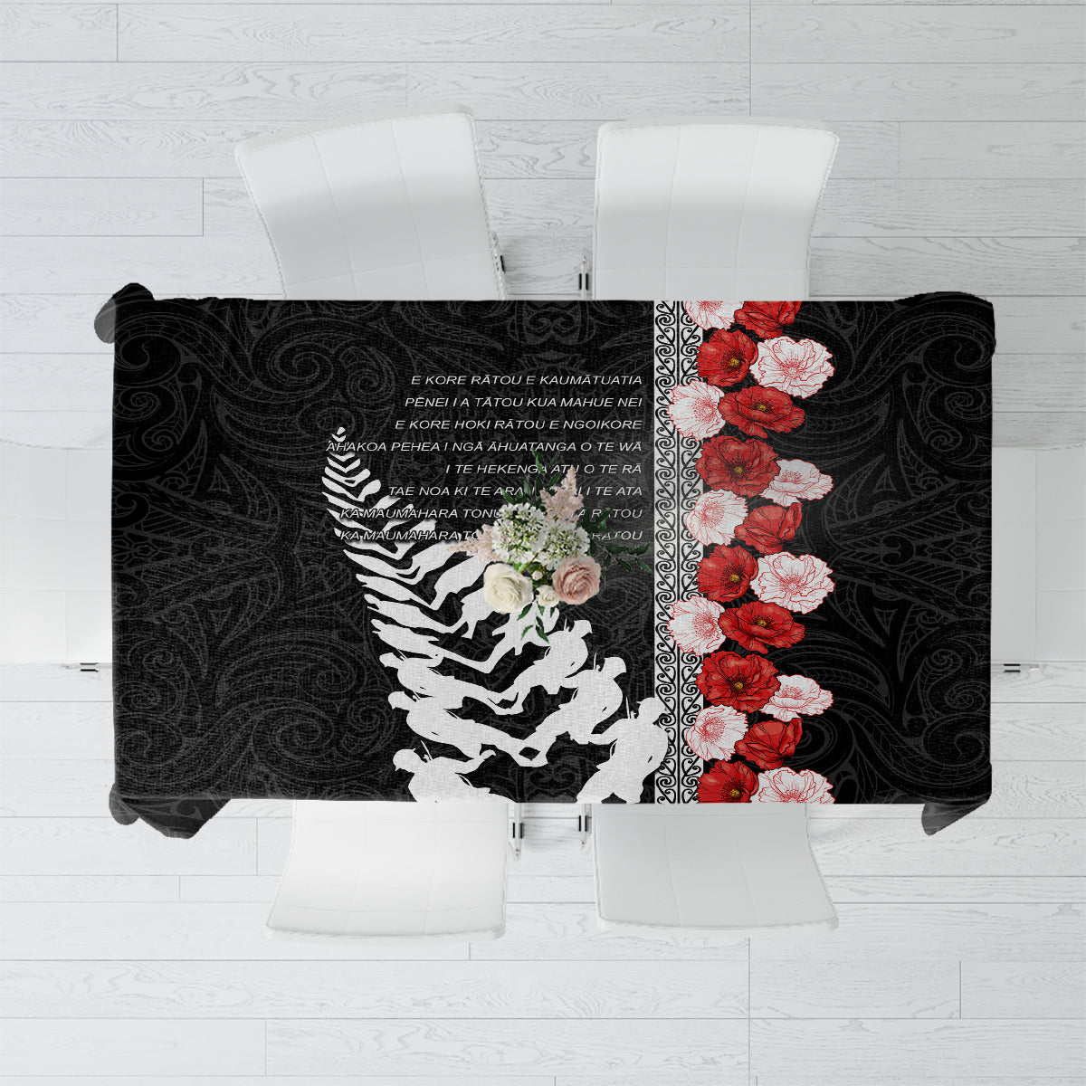 New Zealand ANZAC Day Tablecloth Soldier Silver Fern with Red Poppies Flower Maori Style LT03 Black - Polynesian Pride