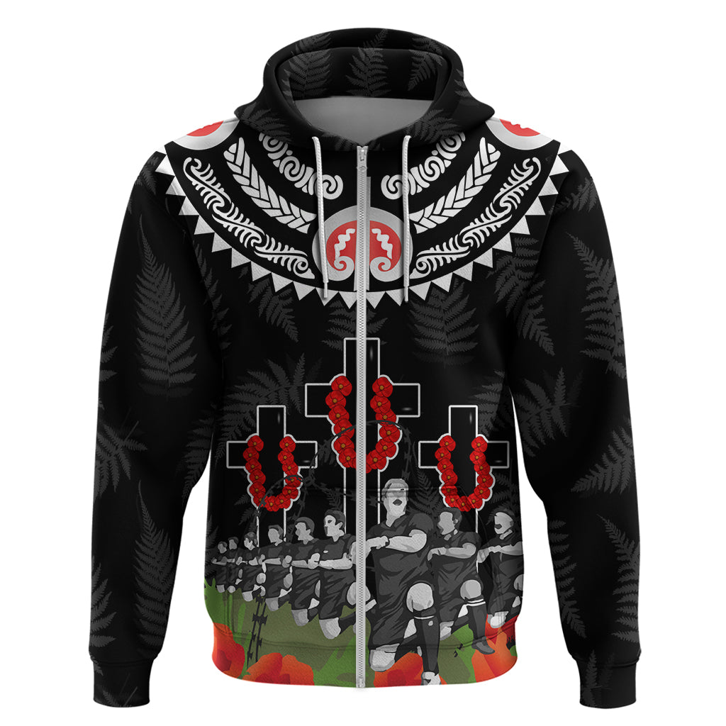 New Zealand ANZAC Day Hoodie Lest We Forget Haka Dance Respect LT03 Zip Hoodie Black - Polynesian Pride