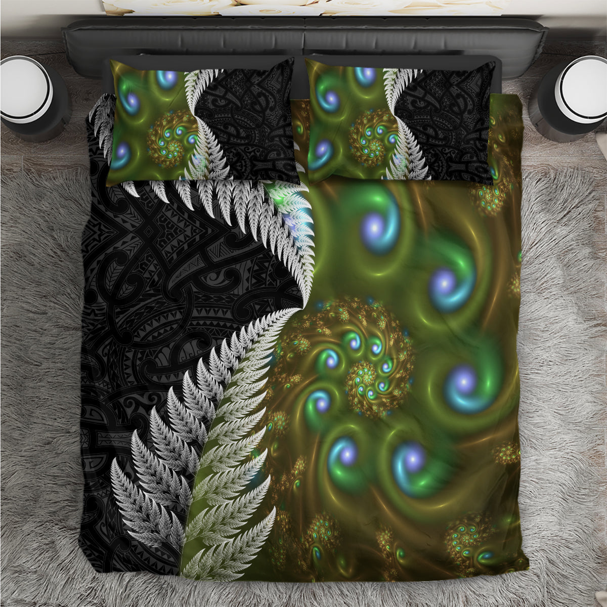 New Zealand Bedding Set Koru Abstract Art and Silver Fern Maori Pattern LT03 Green - Polynesian Pride
