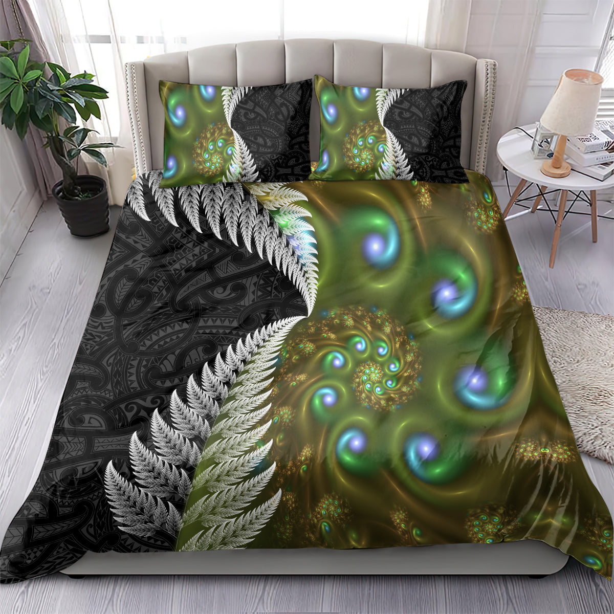 New Zealand Bedding Set Koru Abstract Art and Silver Fern Maori Pattern LT03 - Polynesian Pride