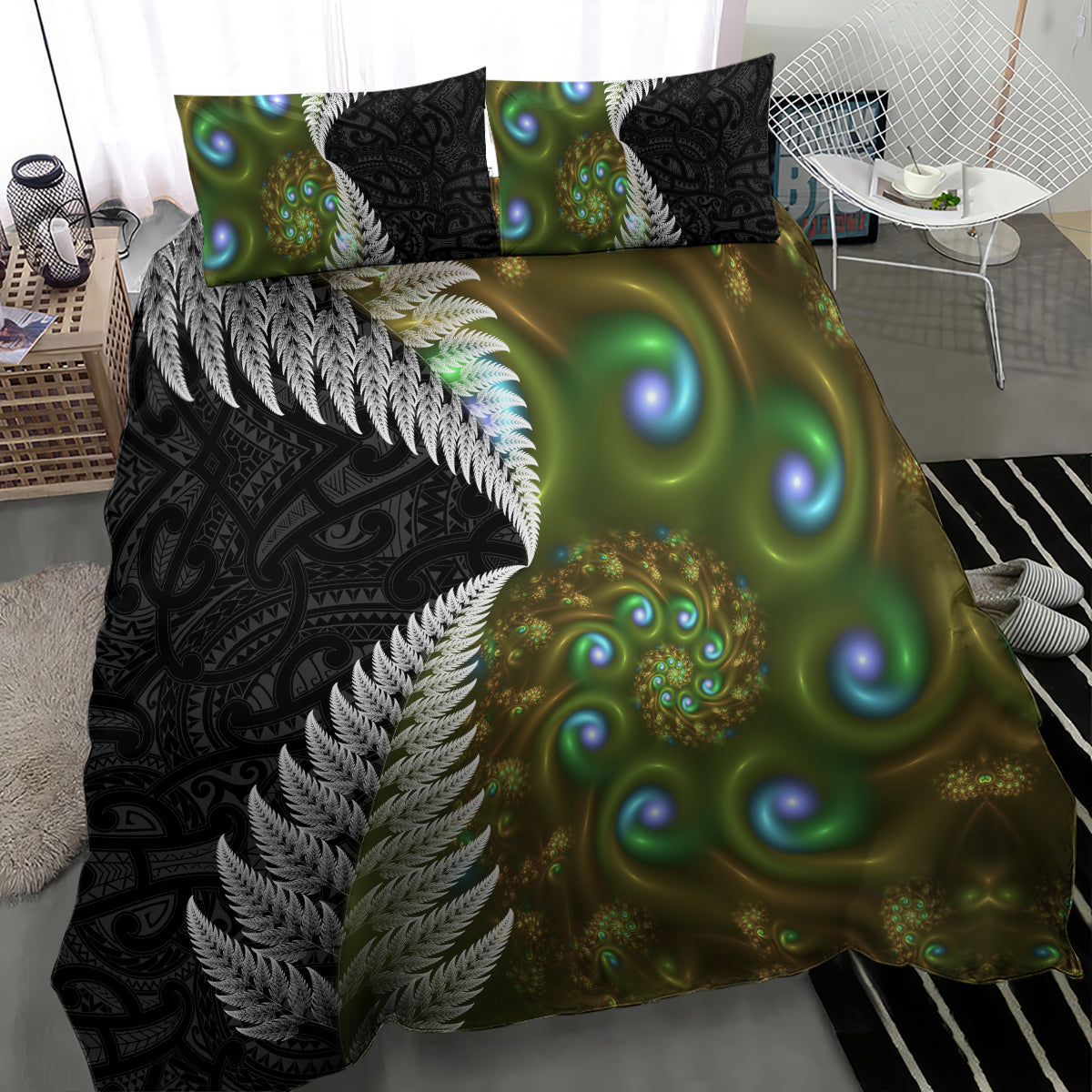 New Zealand Bedding Set Koru Abstract Art and Silver Fern Maori Pattern LT03 - Polynesian Pride