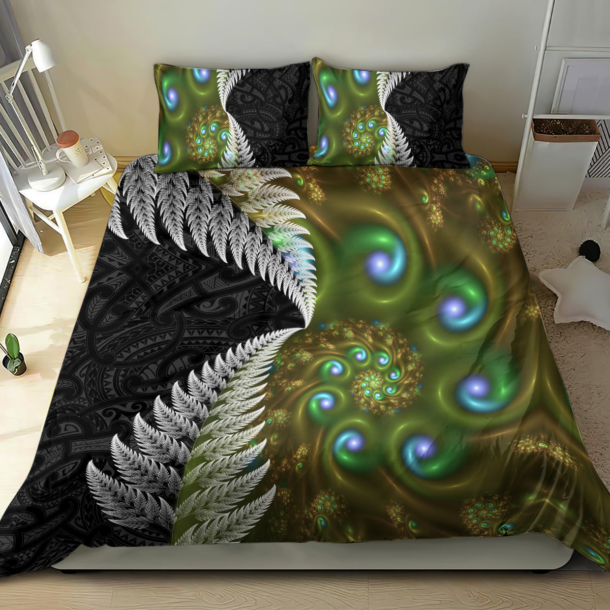 New Zealand Bedding Set Koru Abstract Art and Silver Fern Maori Pattern LT03 - Polynesian Pride