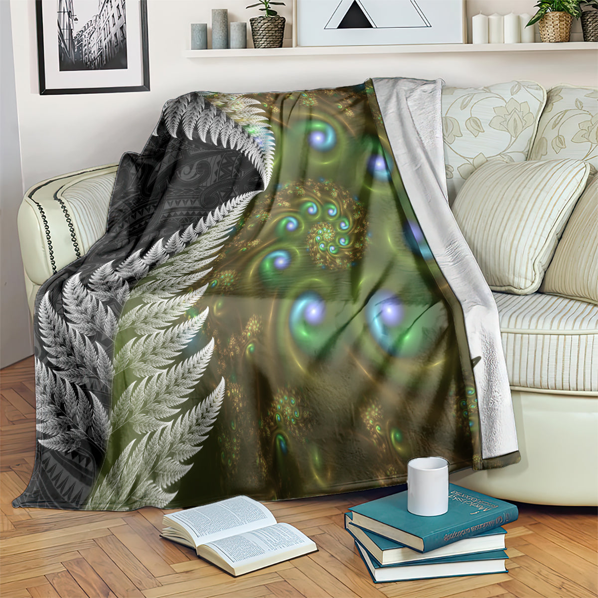 New Zealand Blanket Koru Abstract Art and Silver Fern Maori Pattern LT03 Green - Polynesian Pride
