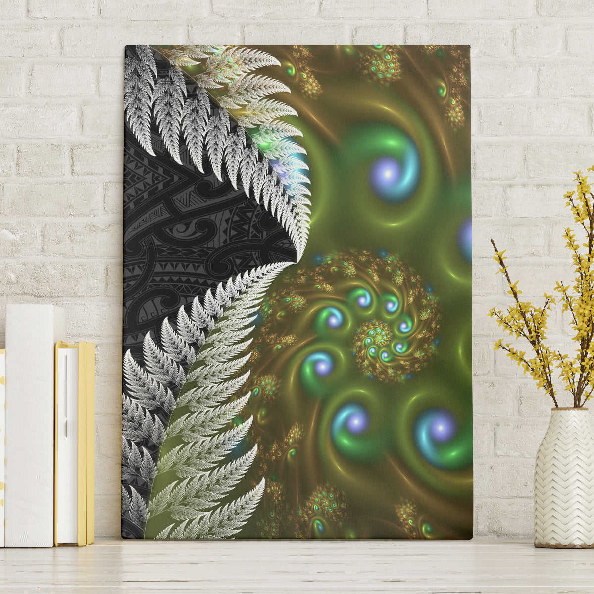 New Zealand Canvas Wall Art Koru Abstract Art and Silver Fern Maori Pattern LT03 Without Frame Green - Polynesian Pride
