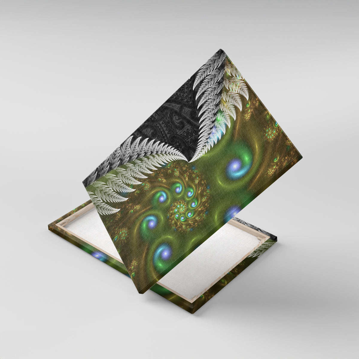 New Zealand Canvas Wall Art Koru Abstract Art and Silver Fern Maori Pattern LT03 With Frame Green - Polynesian Pride