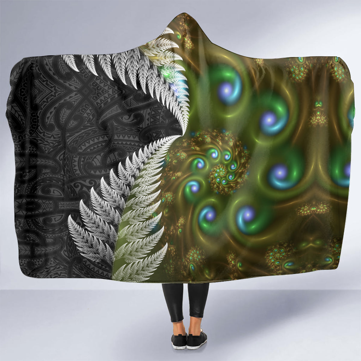 New Zealand Hooded Blanket Koru Abstract Art and Silver Fern Maori Pattern LT03 - Polynesian Pride