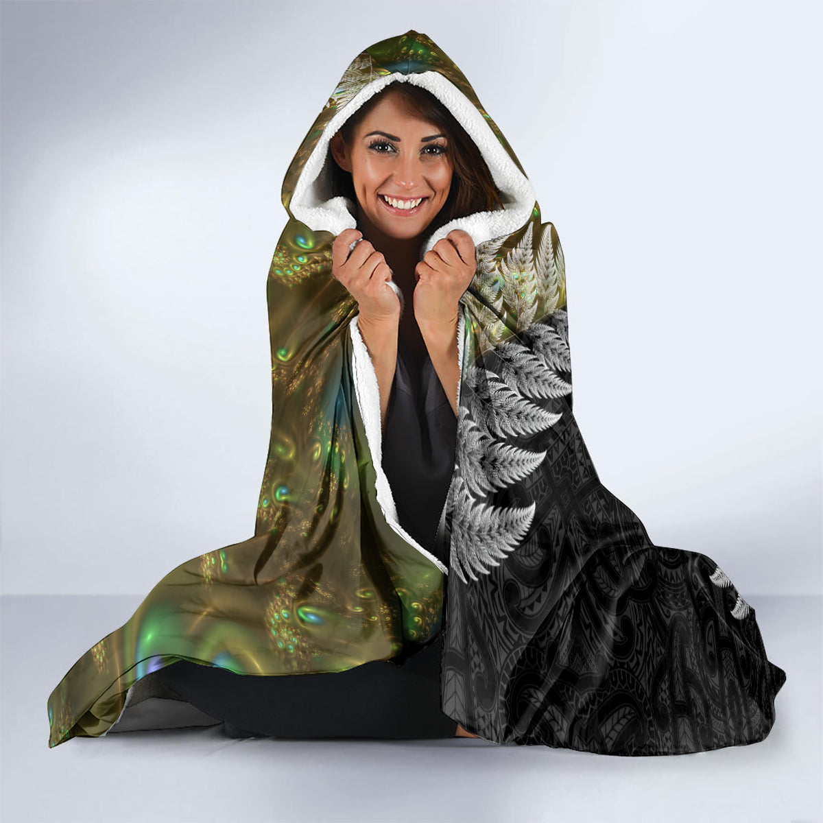 New Zealand Hooded Blanket Koru Abstract Art and Silver Fern Maori Pattern LT03 - Polynesian Pride