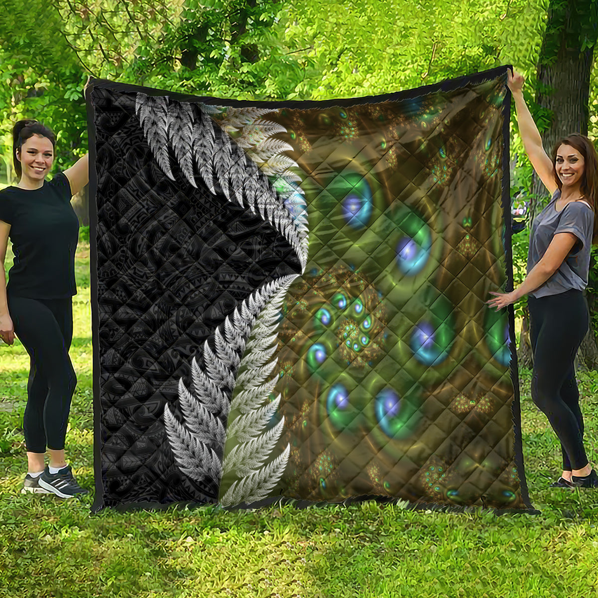 New Zealand Quilt Koru Abstract Art and Silver Fern Maori Pattern LT03 - Polynesian Pride