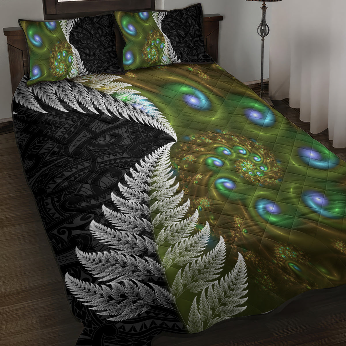 New Zealand Quilt Bed Set Koru Abstract Art and Silver Fern Maori Pattern