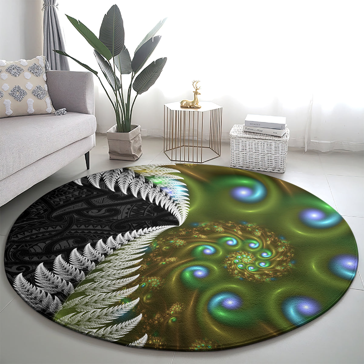 New Zealand Round Carpet Koru Abstract Art and Silver Fern Maori Pattern LT03 - Polynesian Pride
