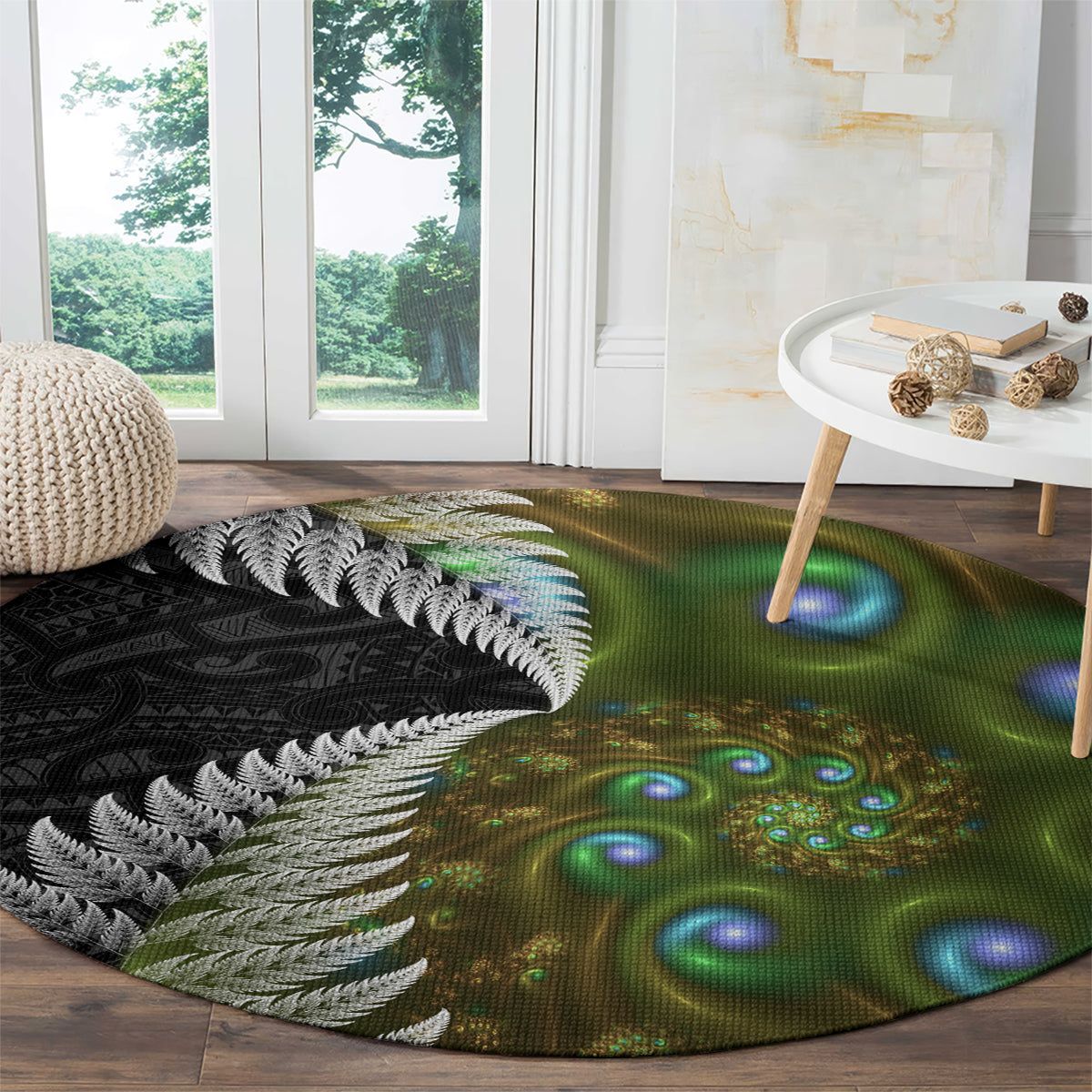 New Zealand Round Carpet Koru Abstract Art and Silver Fern Maori Pattern LT03 - Polynesian Pride