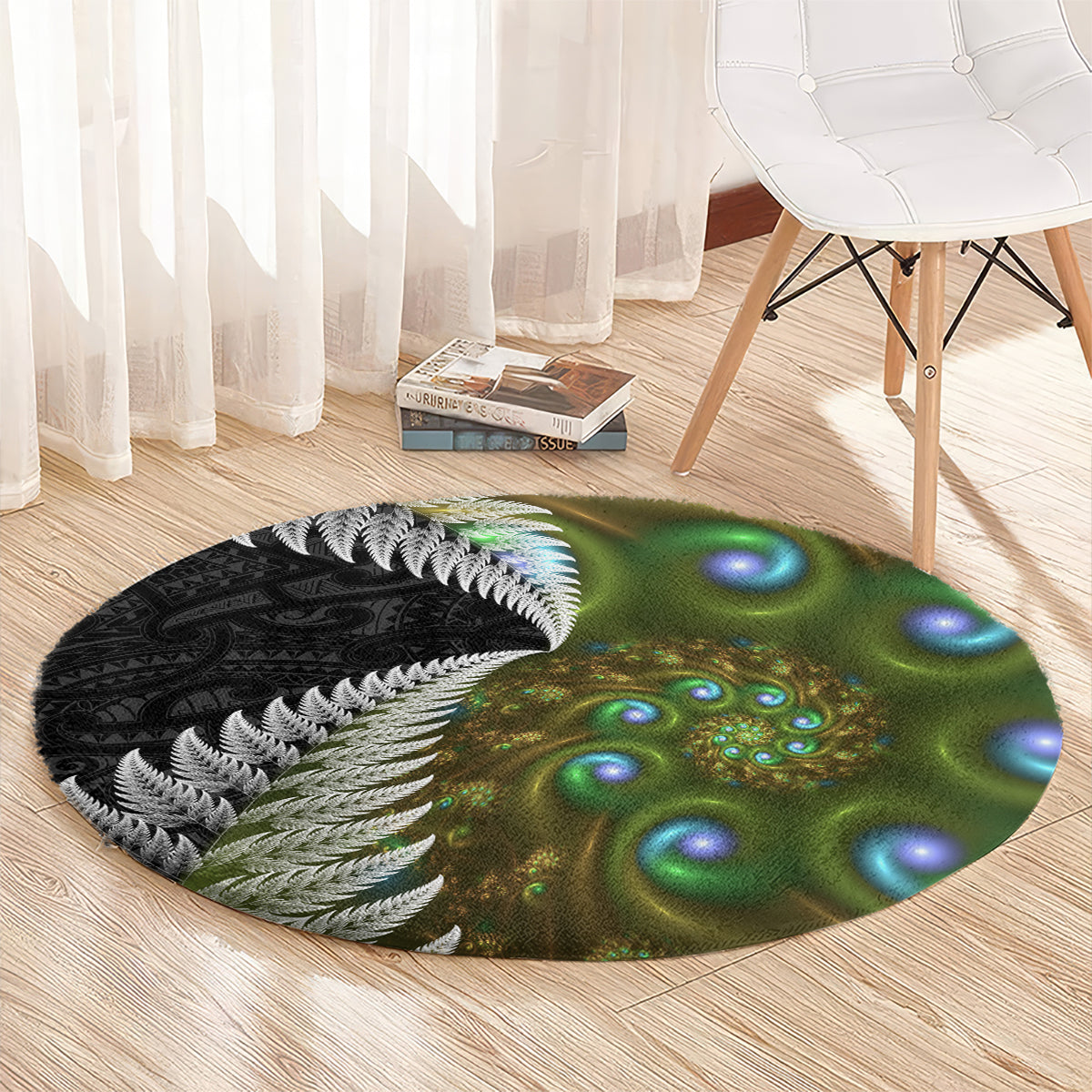 New Zealand Round Carpet Koru Abstract Art and Silver Fern Maori Pattern LT03 - Polynesian Pride