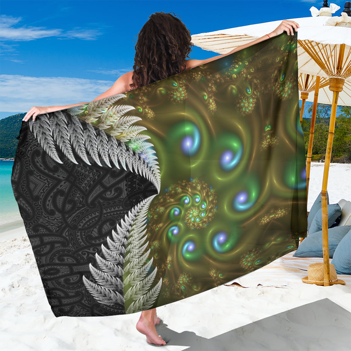 New Zealand Sarong Koru Abstract Art and Silver Fern Maori Pattern LT03 One Size 44 x 66 inches Green - Polynesian Pride